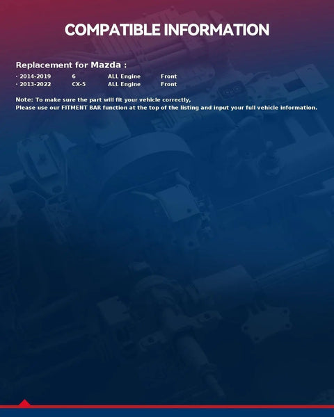Text displaying compatibility information for Mazda 6 (2014-2019) and Mazda CX-5 (2013-2022) front wheel hub bearings.