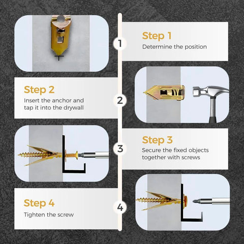 Installation steps for Self Drilling Drywall Anchor Kit With Screws Upgraded Direct Insertion Expansion Fasteners for drywall.