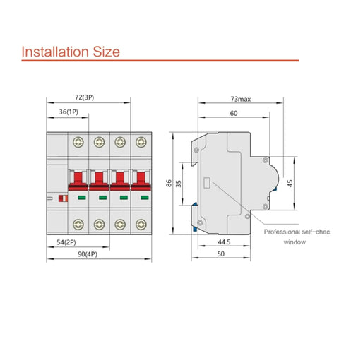 Diagram showing installation size of WiFi Enabled 220V 2 Pole Circuit Breaker For Home Use, 100A, Flame Retardant PA66 Shell, Tuya App.