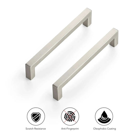 Ten Pack Six And A Quarter Inch Square Kitchen Cabinet Handles In Satin Nickel Finish with scratch resistance and anti-fingerprint features.