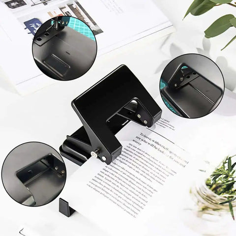 Heavy-Duty 2-Hole Punch Handheld Paper Punch for 20-Sheet Capacity With 50 Percent Less Effort and Built-In Waste Tray in use.