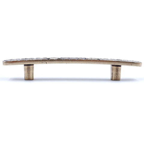 Side view of Bridged Drawer Cabinet Pulls Antique Brass With Antique Peony Solid Cast Pattern Six Pack Three Inch Hole Centers Handle