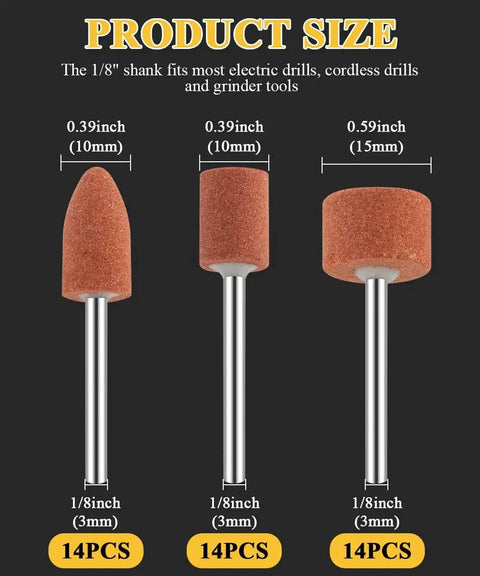 Rotary Tool Sanding Bits Set for Dremel 42 Pcs with One Eighth Inch Shank Aluminum Oxide, showing 10mm and 15mm pieces.