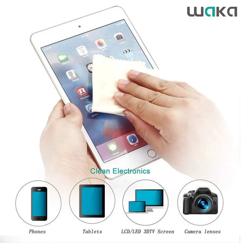 Cleaning a tablet screen with Ten Pack Microfiber Cleaning Cloths 6x7 Inches Lint Free For Eyeglasses Screens