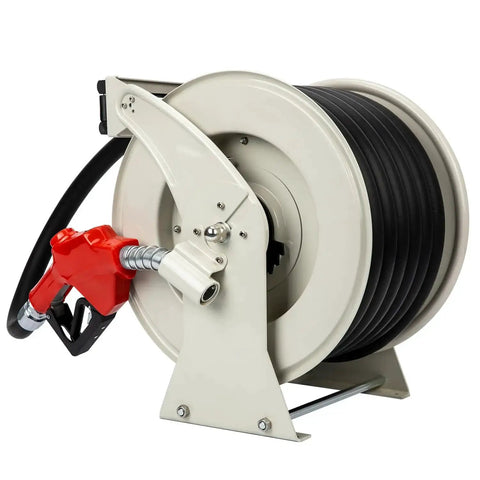 1 Inch By 50 Foot Fuel Hose Reel With Spring Driven Retractable Design, 300 PSI Diesel Hose Reel, Auto Swivel, Pro Grade Heavy Duty Steel Construction, Includes Fueling Nozzle For Aircraft Ship Vehicle Tank on display