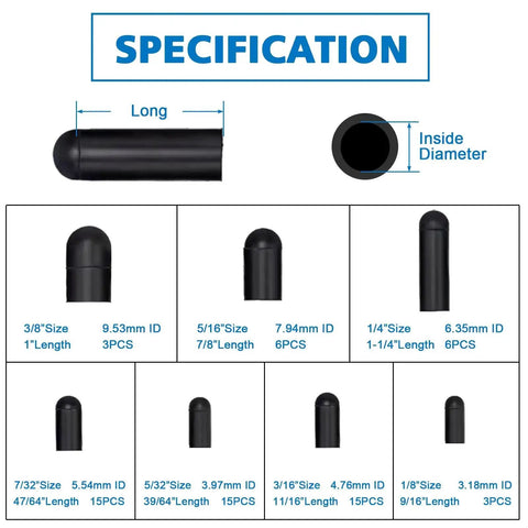 Ultimate Automotive Silicone Vacuum Tubing Kit With 184 Piece Set showing various rubber cap sizes and dimensions