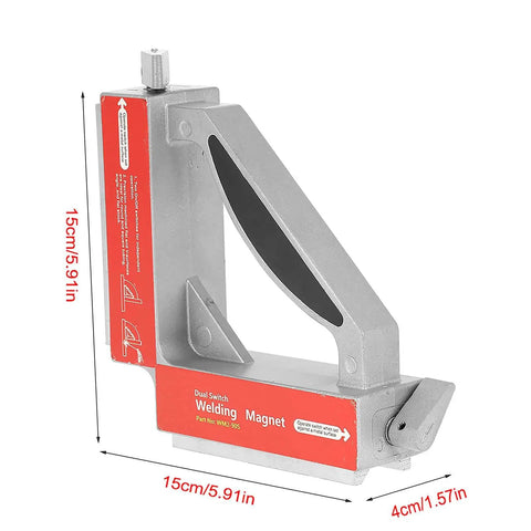 Front view of 90 Degree Magnetic Welding Jig With Dual Switches For Precise Angle Alignment, compact metal design.