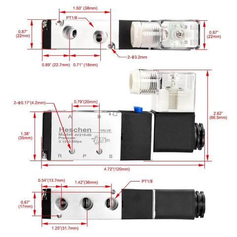 Dimensions of Electric Pneumatic Solenoid Valve 5 Way 2 Position, 220 VAC, 4V210-06 Compatible, 1/8 Inch PT Ports, CE Certified