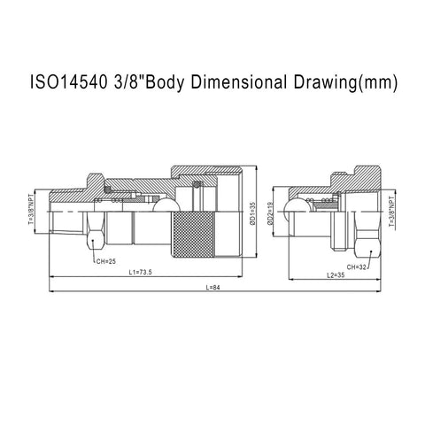 Dimensional drawing of ISO 14540 3/8 NPT High Pressure Hydraulic Quick Coupler Set with Ball Valve.