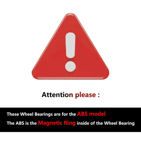 Warning sign for ABS model wheel bearings with magnetic ring inside note on red triangle background.