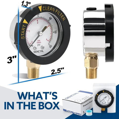 Heavy Duty 0 To 60 Psi Pool Filter Pressure Gauge With 2 Inch Dial NPT Lower Mount Stainless Steel Case IP67 Waterproof