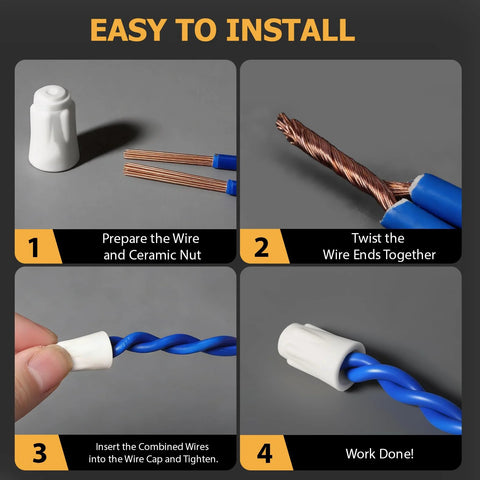 70PCS ceramic wire nuts set in S/M/L with high-temp caps; four-step installation shown for oven and heater wiring.