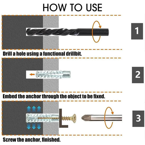 Installation guide for 10 Pieces Carbon Steel Drive Anchors With Screws Tree Shaped Hollow Wall Anchors For Drywall And Furniture Repair Durable Metal Expansion Screws 3.5 Cm Length For Stronghold And Long Lasting Installations detailing drilling, embedding, and screwing.