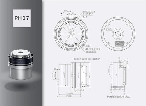 Front view of PH17 hollow harmonic servo motor with integrated robotic joint module; engineering schematics.