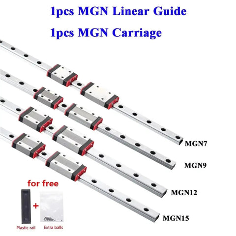 Four different MGN linear guides with carriages, MGN7 to MGN15, labeled on white background.