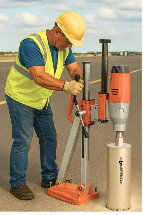 Worker using Heavy Duty Diamond Core Drill Bit For Hard Concrete And Brick 3 Inch With 1 1/4 7 UNC Arbor on a paved surface.