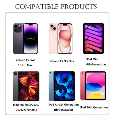 Image showing compatible devices for CarPlay USB A To USB C Cable For iPhone 17 16 15 And iPad Pro, including various iPhone and iPad models.