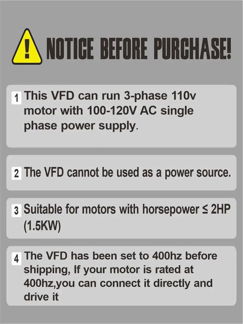 Notice for VFD Converter 110V Single Phase To 110V Three Phase, operational guidelines and compatibility details.