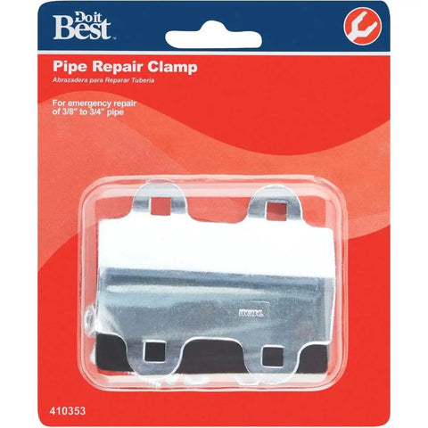 Packaging of Easy Install Pipe Repair Clamp For 3/8, 1/2, And 3/4 IPS In Plated Steel, Do It Best Compatible, No Tools Needed; front view