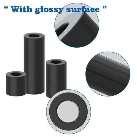 Black ABS Round Spacer Kit For M5 Screws, 200Pcs, 12 Heights From 0.11 Inch To 0.98 Inch, ID 5.4mm, OD 9mm, glossy surface view