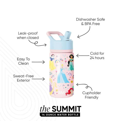 Disney Princess 14oz Kids Water Bottle With Straw Lid, insulated stainless steel tumbler, pink with princess design, BPA free