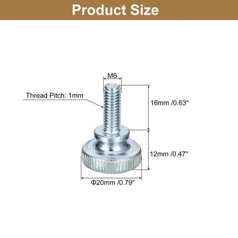 M6x16mm Knurled Thumb Screws, 10 Pcs, Carbon Steel Zinc Plated Flat Knurled Head Fully Threaded Bolts with size dimensions