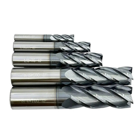 Five Piece Carbide Square End Mill Set in 1/4, 3/8, 1/2, 5/8, and 3/4 inch sizes, 4 flute, single end, AlTiN coated milling bits