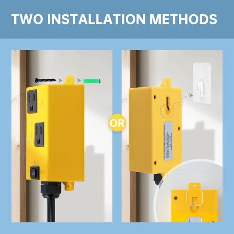 Ortis automatic vacuum switch, yellow, two installation views near a wall outlet.