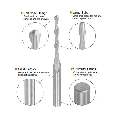 Top Notch Ball Nose End Mills Set For CNC Router Bits By Uxcell Ten Piece Kit With One Eighth Inch Shank Diameters 1.0mm To 3.175mm Spiral Upcut Two Flutes Solid Carbide Cutter For PCB Acrylic Plastic Wood Aluminum Engraving And Milling product features description
