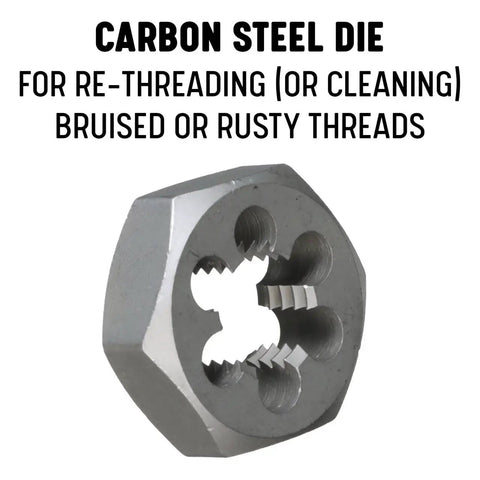 Six Piece NPT Pipe Die Set For Rethreading In Carbon Steel Hex Dies 1/8 To 1 Inch Right Hand Cut Dress Rusty Threads No Special Holder Needed Pro Grade Includes Sturdy Wooden Case.