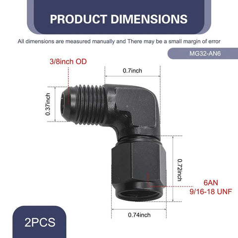 2 Pack 6AN Female To 3/8 Barb 90 Degree Hose Swivel Fittings Aluminum Black Anodized 6061 T6 For Fuel Lines And Pressure Regulator Fittings Durable Rust Resistant Performance For Cars And Trucks product dimensions.