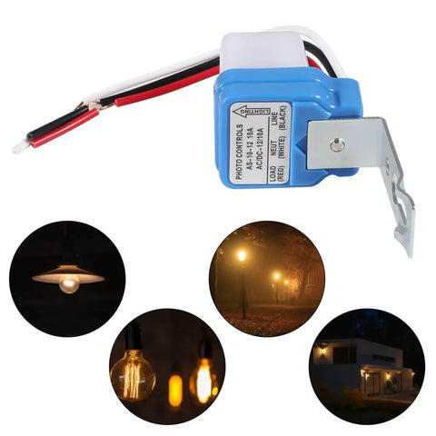 Six Pack 12V Photocell Switch with wiring, shown with outdoor lights, for auto on/off lighting control at dusk to dawn.
