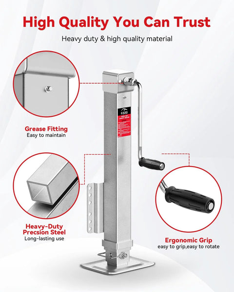 Trailer jack with 28.6 inch lift, heavy-duty steel construction, ergonomic crank handle, base plate