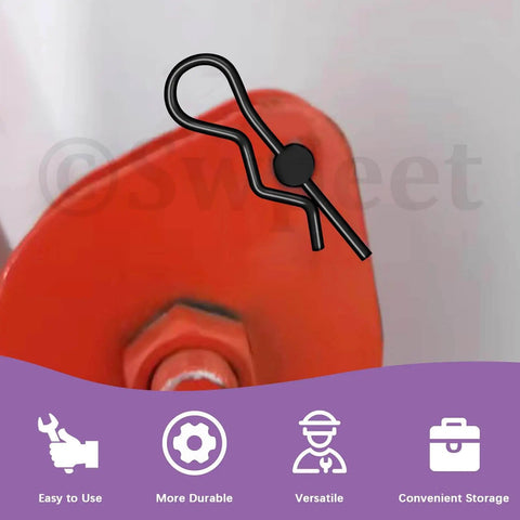 Close-up of R pin from 100 Piece Clevis Pin And Cotter Pin Kit With 10 Sizes Flat Head Pins, securing a red metal component