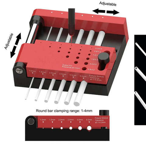 Red and black Center Locator Drill Guide Jig For DIY Projects with adjustable 0.3-3mm holes, fits 1-4mm glue sticks.