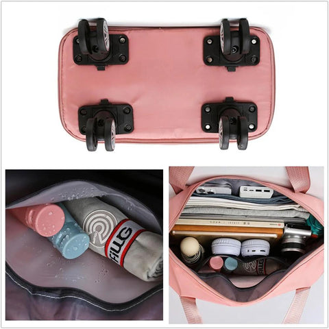 Collage of pink travel tote with detachable wheels, interior view showing packed toiletries and essentials, with expandable Oxford material.
