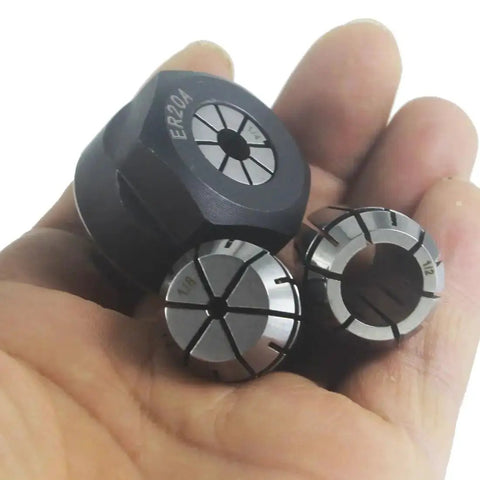 Close-up of ER20 Collet Nut Set For CNC Milling And Lathe Tools Pro Grade Includes One Eighth Inch One Quarter Inch And One Half Inch Collets