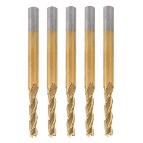 5 Piece Tungsten Steel End Mills With 3 Flutes CNC Milling Cutters for hardwood, plywood, acrylic, resin, and PCB engraving.