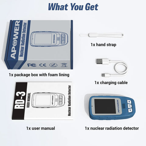 APOWER Geiger counter handheld radiation detector with LCD display; blue unit shown with box and accessories.