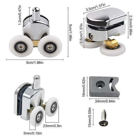 8 Piece Shower Door Rollers Set with 25mm sliding door wheels shown with measurements, stainless steel screws, and adjustable components.