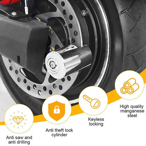 Rugged As Hell Motorcycle Disc Brake Lock With Two Keys, Anti Theft Wheel Lock on front wheel disc brake, close-up view