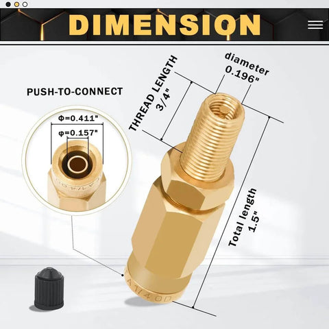 Two Pack Schrader Valve Adapter With Push To Connect Button For One Quarter Inch OD Air Hose Fittings For Semi Trucks And Trailers DOT Certified High Pressure Inflation Valve Up To Two Hundred PSI, showing dimensions and design details.