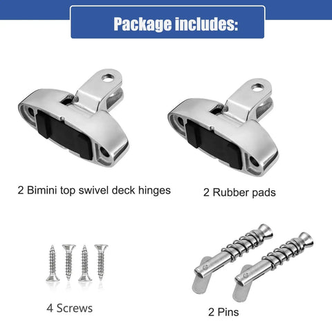 Package includes: Boat Bimini Top Swivel Deck Hinge With Removable Pin, 180 Degree Adjustable, 316 Stainless Steel, 2 Pieces