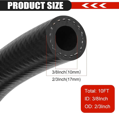 Automotive fuel line hose, 3/8 in ID (10 mm) x 2/3 in OD (17 mm), 10 ft, black NBR rubber with clamps