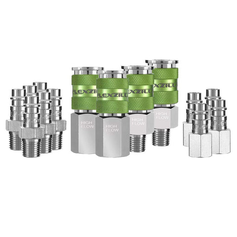Flexzilla Pro High Flow 14-piece 1/4 in NPT coupler and plug kit; chrome fittings with green knurled grips.