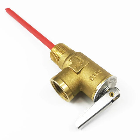 Brass T&P relief valve for water heaters with 1/2 NPT connection, red capillary tube and chrome lever