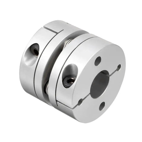 Beefy 12.7mm To 12mm Bore Flexible Diaphragm Motor Shaft Coupling Joint With Clamp Mount, Aluminum Hubs And Stainless Discs, Side View