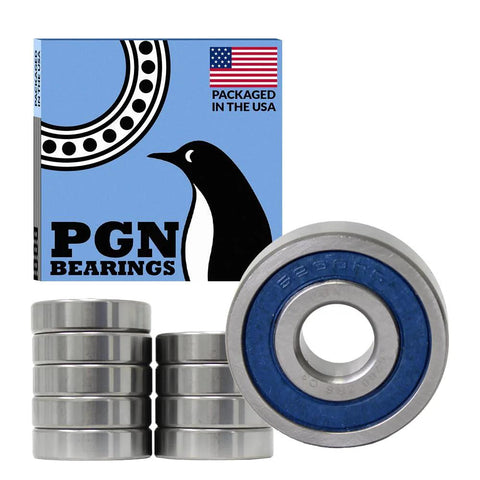 6200-2RS sealed ball bearings, chrome steel with rubber seals, 10x30x9mm, 10-pack in blue PGN box by Amazon.