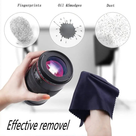 Hand cleaning camera lens with Extra Large Microfiber Cleaning Cloths 12x12 For Glasses Screens Cameras 6 Pack, removing fingerprints and dust