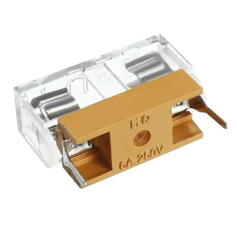 Close-up of a Ten Pack 5x20mm Fuse PCB Holder Panel Mount with Dual Terminals, 250V 6A, yellow and clear case for electronics projects.